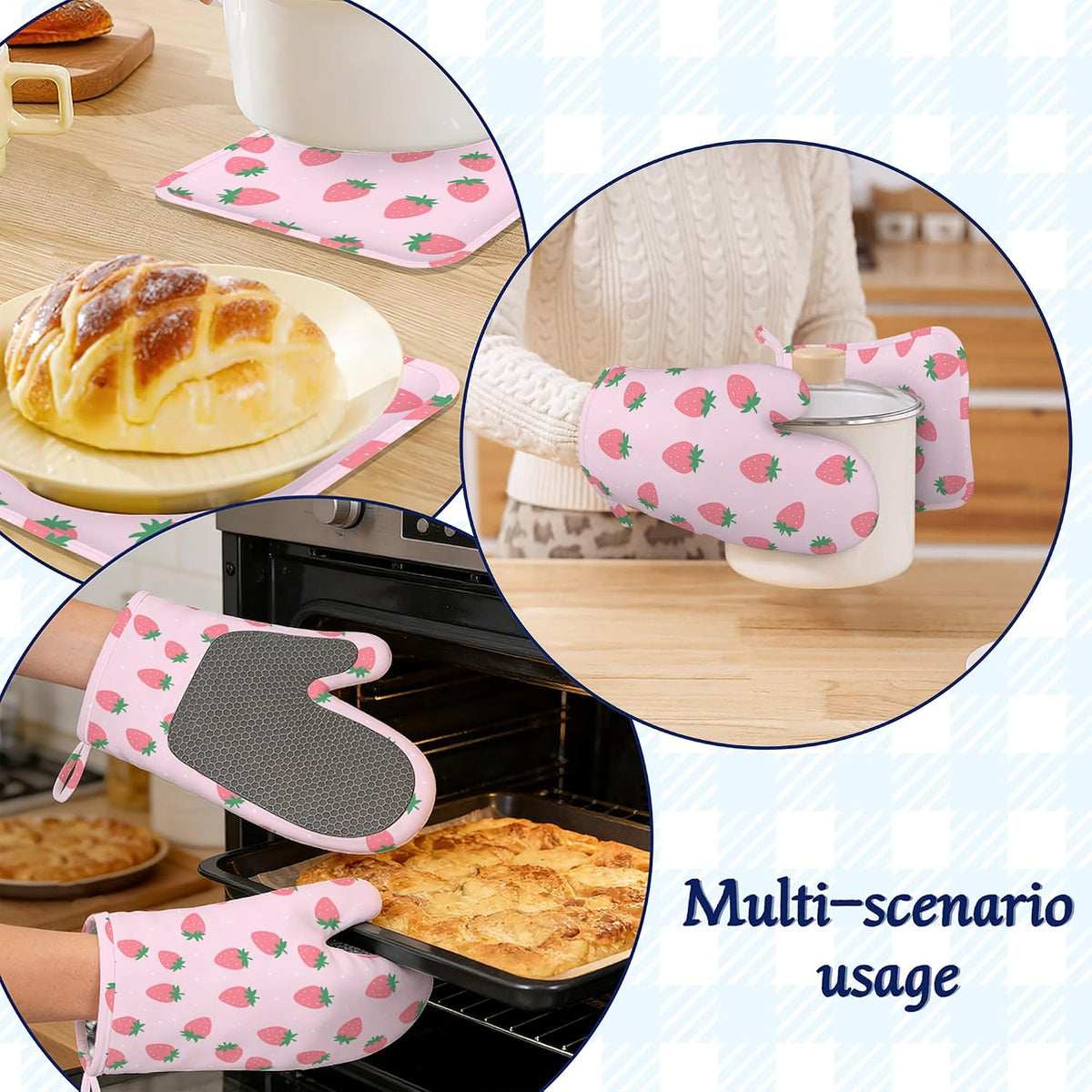 Pink Strawberry Oven Mitts and Pot Holders Cute Summer Fruits Silicone Kitchen Accessories Set of 4 Heat Resistant Non-Slip Long Gloves Potholder for Chef Cooking Baking Gifts Women Men