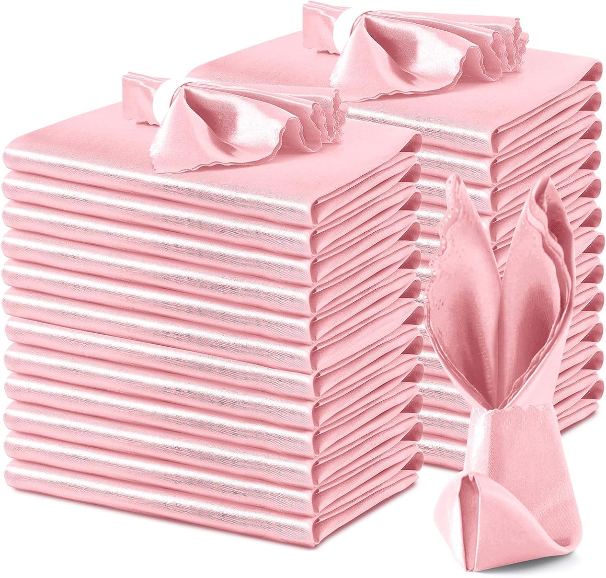 24 Pack Blush Pink Scalloped Satin Napkins 12x12 Inch Wedding