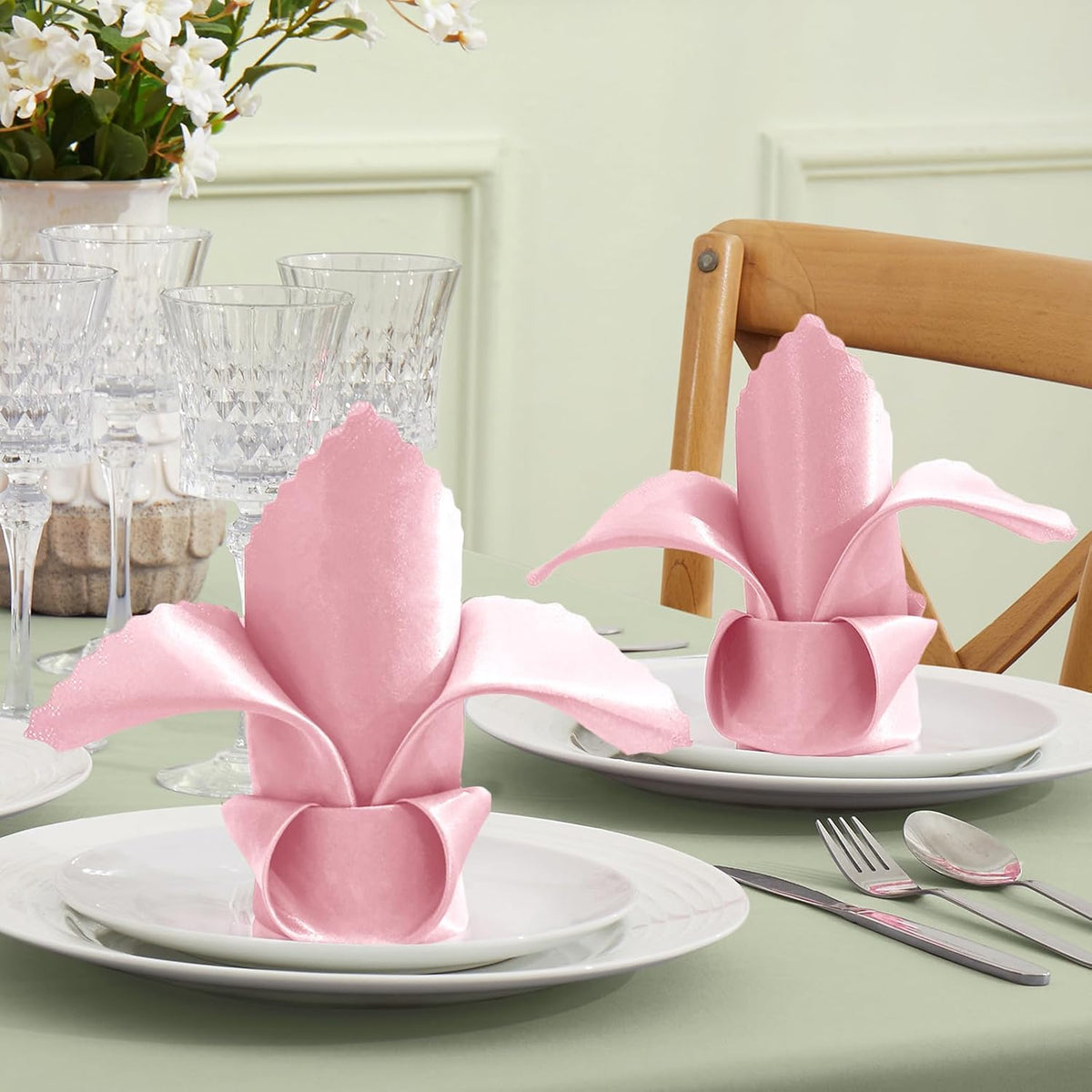 24 Pack Blush Pink Scalloped Satin Napkins 12x12 Inch Wedding
