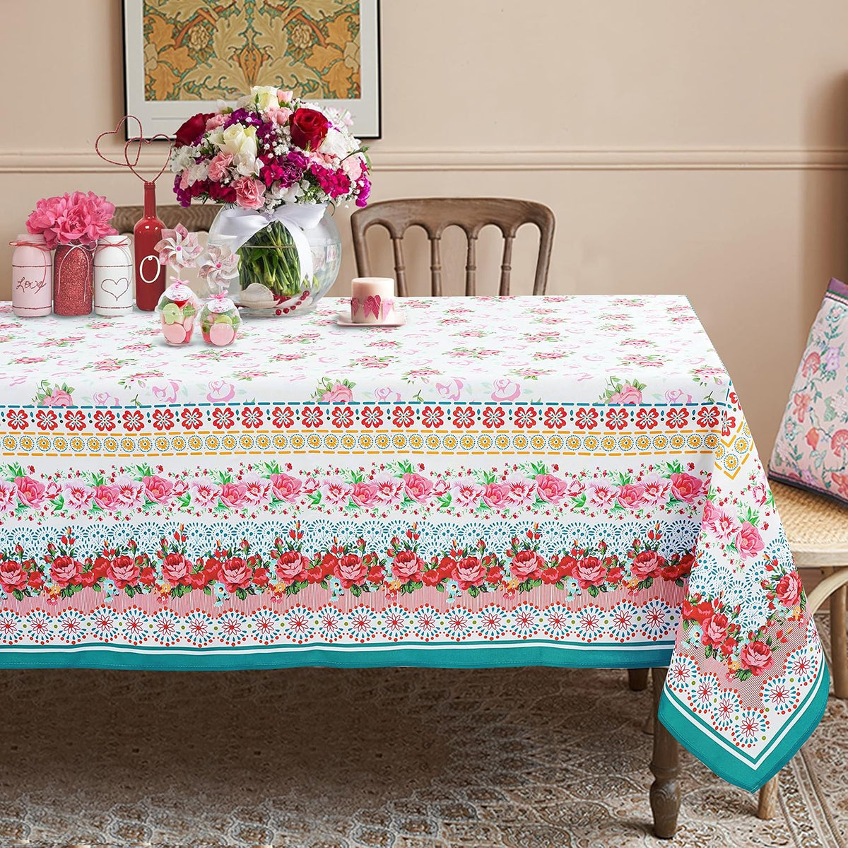 Rectangle Tablecloth - 60 x 102 Inch Pink Pioneer Design Rustic Tablecloth Classic French Country Printed Table Cover Farmhouse Decoration, Suitable for Home, Kitchen Dining
