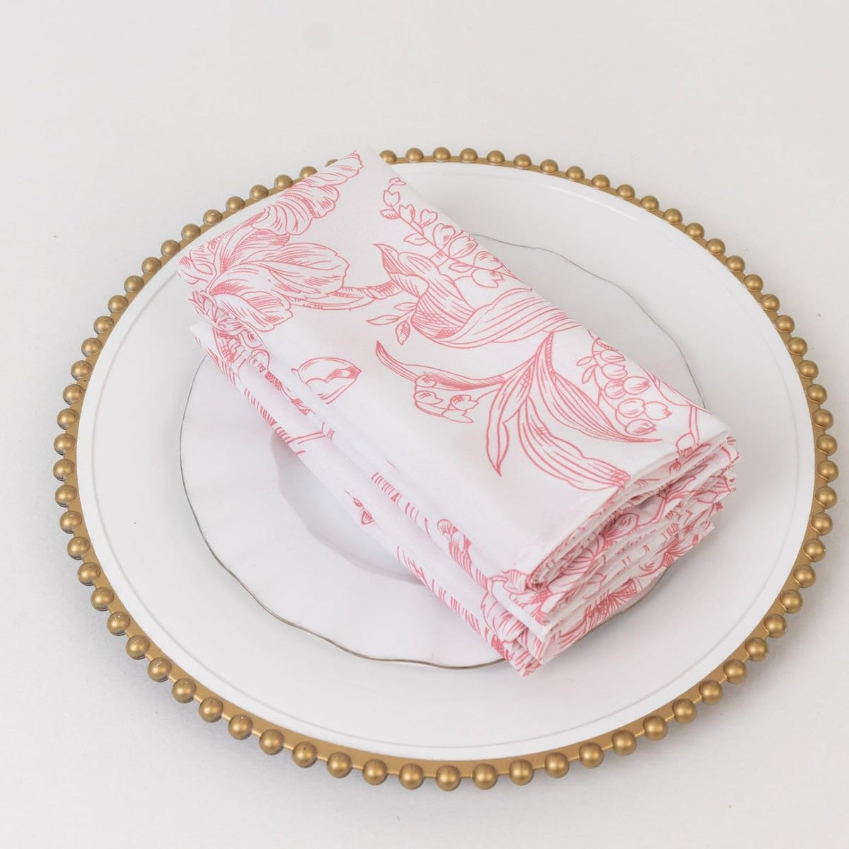 Efavormart Premium 5-Pack French Toile Cloth Napkins – 17"x17" Pink and White Reusable Polyester Table Napkins in Floral Design for Events & Dining