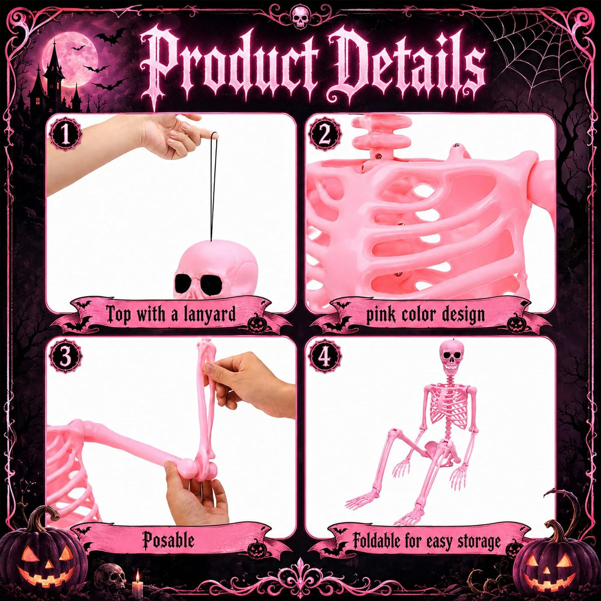 5.5 Ft Halloween Pink Skeleton Large Decoration with Movable Joints
