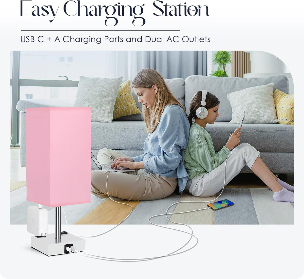 Bedside Lamp with USB Ports - Touch Control Table Lamp for Bedroom with USB C+A Charging Ports & AC Outlets, 3 Way Dimmable Nightstand Light with White Base for Living Room (LED Bulb Included, Pink)