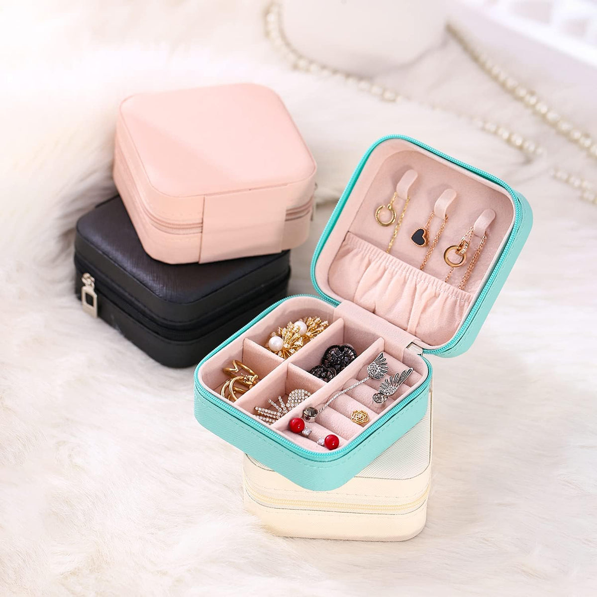 Mini Jewelry Case, Small Travel Jewelry Organizer, Portable Jewelry Box Mini Storage Organizer Display Box For Rings Earrings Necklaces (Pink-4)