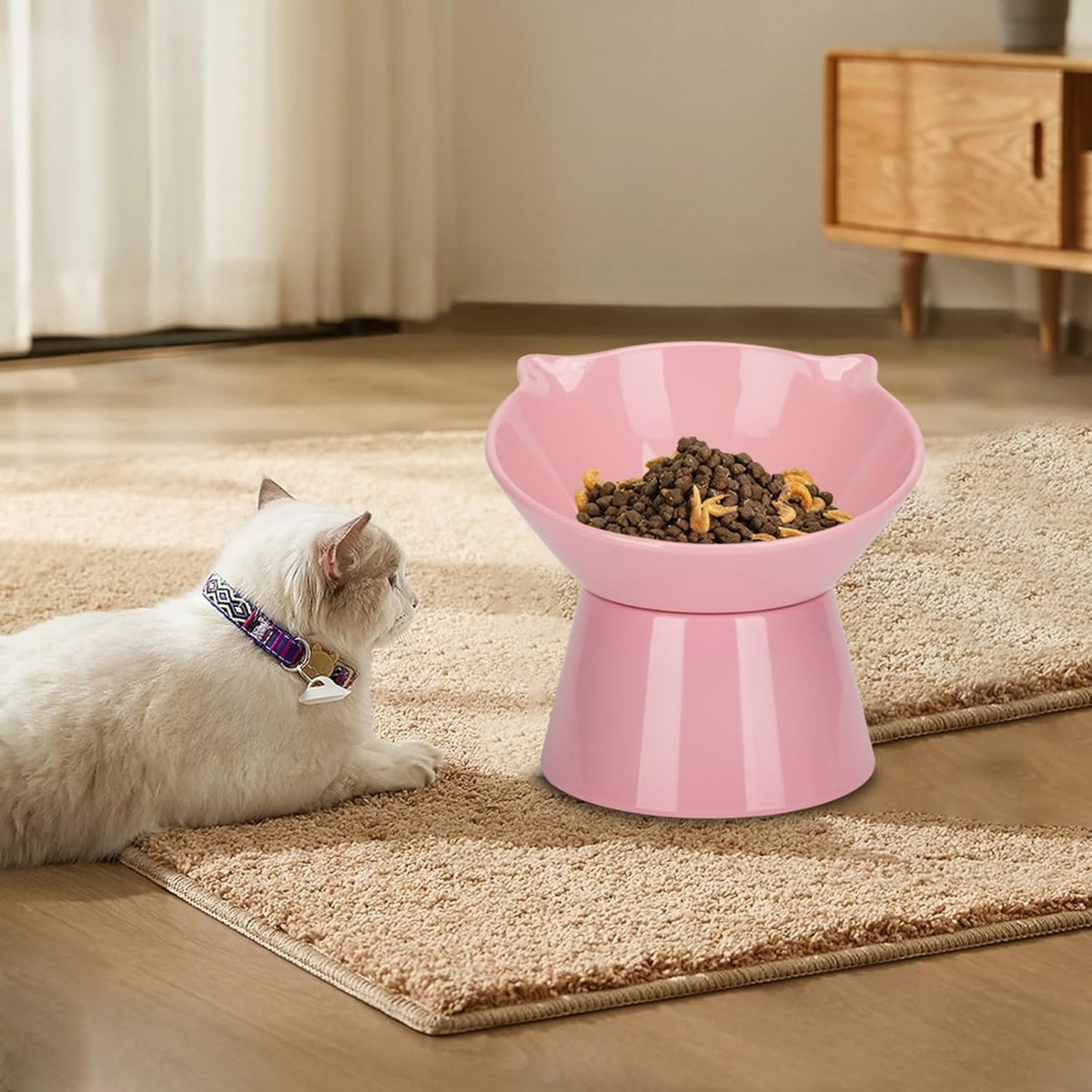 Detachable Elevated Cat Bowls, 15° Tilted Raised Cat Food Bowl Anti-Vomiting,Whisker Friendly, Adjustable Pet Dishes Extra Wide for Protecting Spine, Adult Kitten (Pink