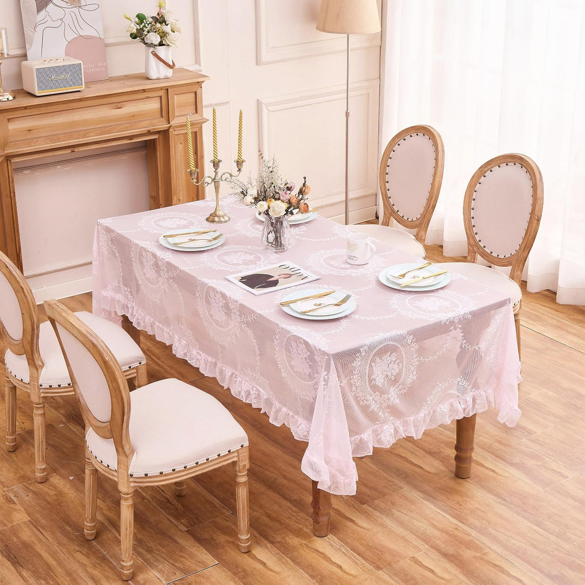 Pink Lace Tablecloth Floral Rectangular Table Cloth 95”x55”