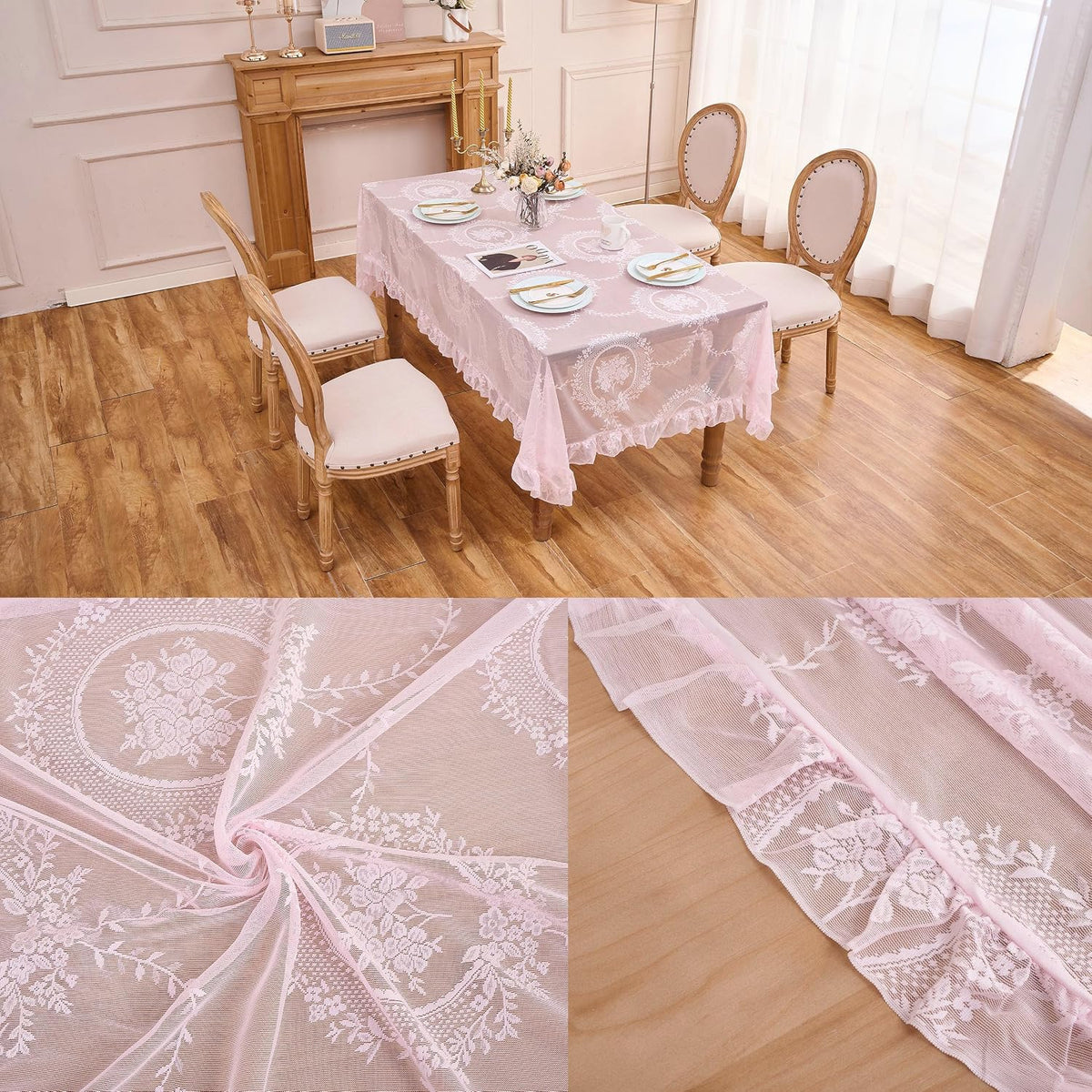 Pink Lace Tablecloth Floral Rectangular Table Cloth 95”x55”