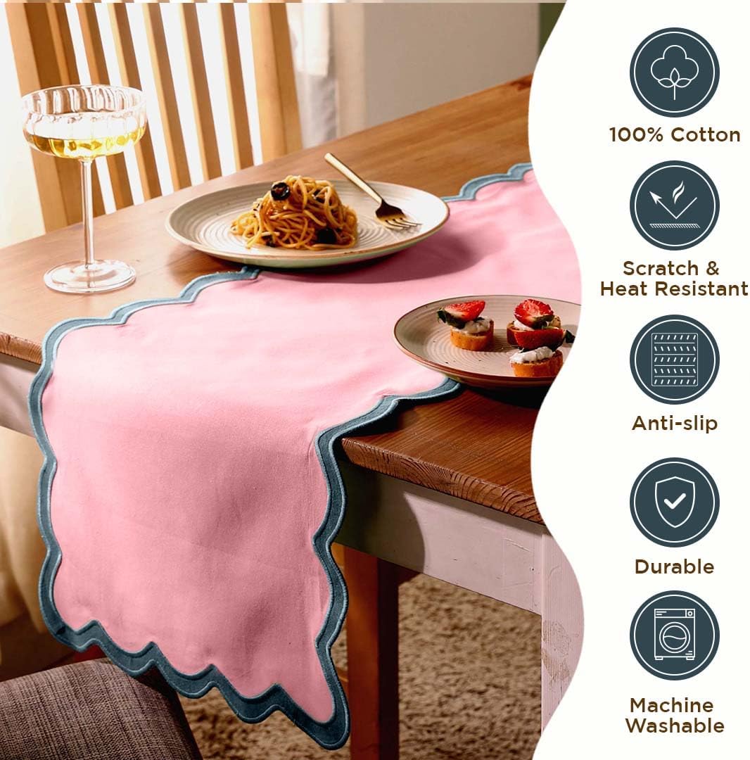 Table Runner 108 inches Long | Scalloped Pink Table Runner for Dining Room, Party Decorations | 100% Cotton, Machine Washable, Farmhouse Table Runner for Hannah Montana Party Decorations