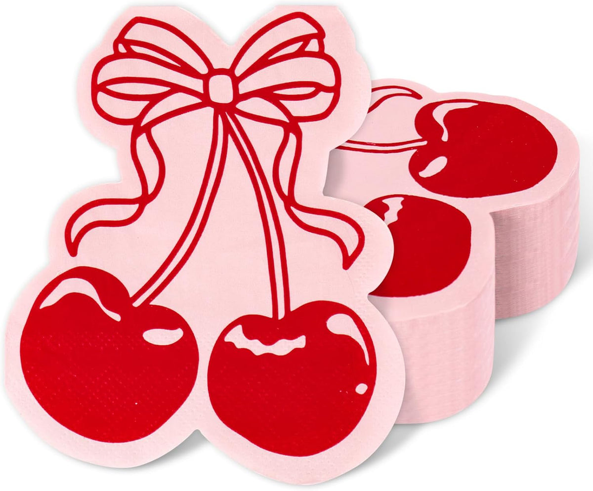 FYSUIMU 50Pcs Bow Cherry Napkins Disposable Napkin Red Pink Coquette Cherry Shaped Luncheon Dinner Paper Napkins for Wedding Birthday Bridal Baby Shower Table Decor