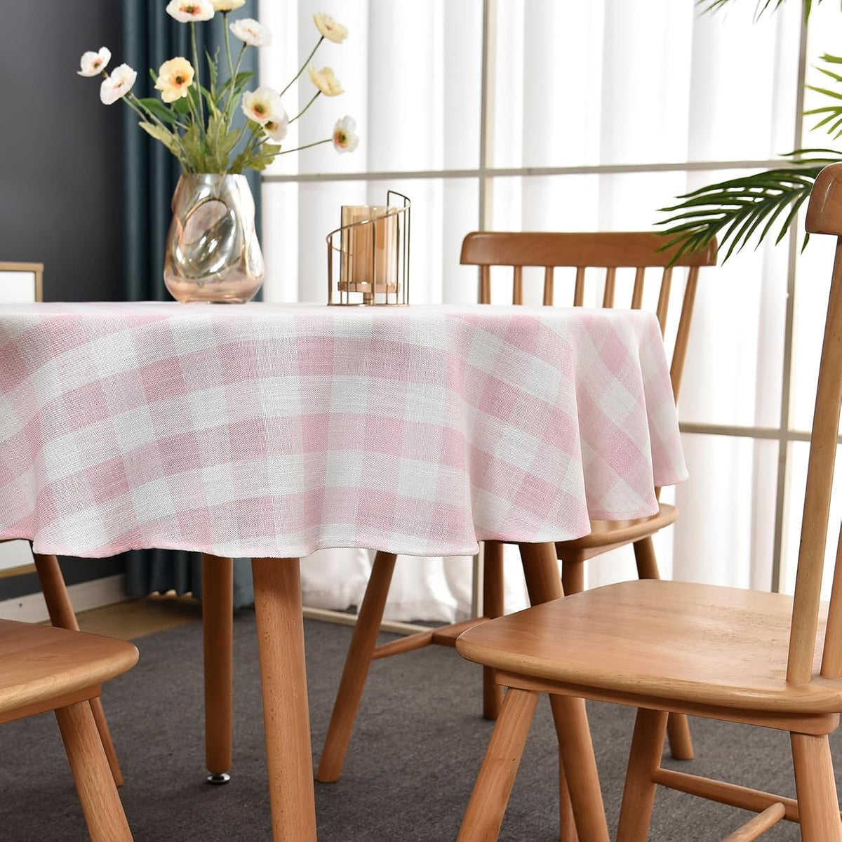 Gingham Table Cloth for Round Tables Pink Checkered Plaid Tablecloth Heavy Duty Cotton Blend Washable & Wrinkle Table Cover for Outdoor Kitchen Dining Picnic Camping (53 inch Diameter)