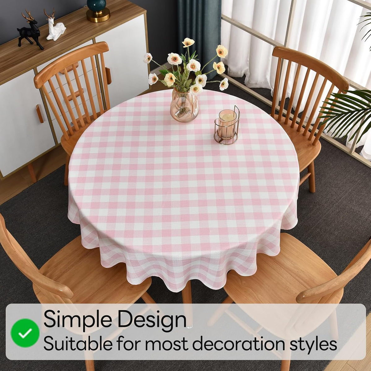 Gingham Table Cloth for Round Tables Pink Checkered Plaid Tablecloth Heavy Duty Cotton Blend Washable & Wrinkle Table Cover for Outdoor Kitchen Dining Picnic Camping (53 inch Diameter)