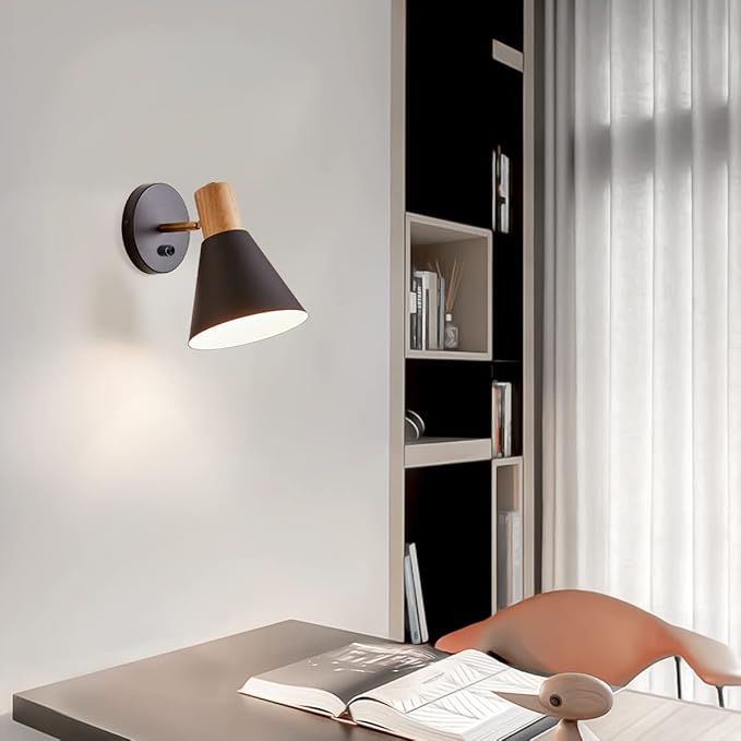 ClanKin Wall Sconces Lighting for Bedroom, Black Adjustable Wood Style Wall Sconce Reading Lamp, Wall Light for Bedroom Hallway Living Room (Black-Hardwired, 1 Pack)