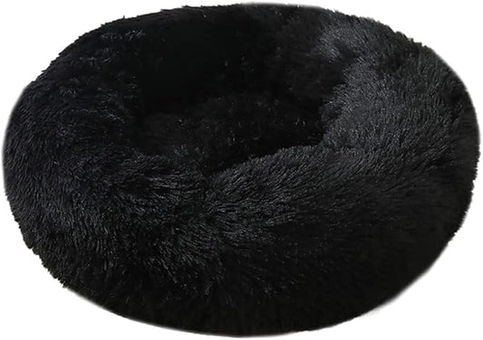 Calming Faux Fur Dog Beds Calming Donut Cuddler Dog Bed Washable Round Cat Bed Pillow Cuddler Fluffy Indoor Dog Calming Beds with Anti Slip Bottom Solid Color Black 20 Inch