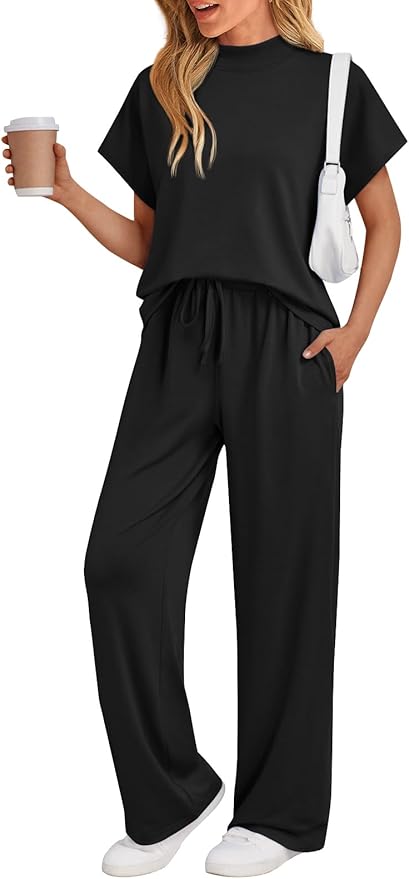 AUTOMET Women's 2 Piece Matching Lounge Sets 2026 Summer Mock Neck Sweatsuits Short Sleeve Loungewear Travel Outfits