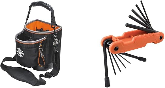 Klein Tools 55419SP-14 Tool Bag with Shoulder Strap Has 14 Pockets for Tool Storage & 70550 Hex Wrench Key Set, 11 SAE Sizes, Heavy Duty Folding Allen Wrench Tool with Extra Long Hex Keys