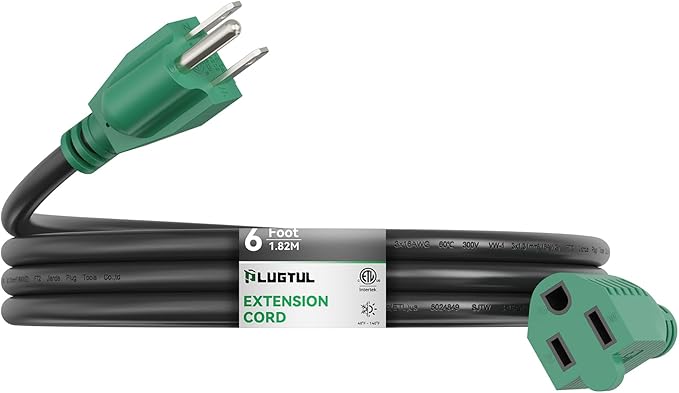 PLUGTUL 6 FT Extension Cord Waterproof, 16/3 Black Heavy Duty 3 Prong Extension Cord, 13A 1625W SJTW, ETL Listed, Great for Garden and Home