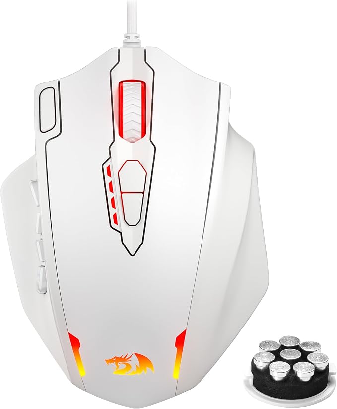 Redragon M908 Impact RGB LED MMO Gaming Mouse with 12 Side Buttons, Optical Wired Ergonomic Mouse with Max 12,400DPI, High Precision, 18 Programmable Macro Shortcuts, Comfort Grip, White | Stable Lag-Free Connection, Redefine Keybinding Macro, Vibing B...