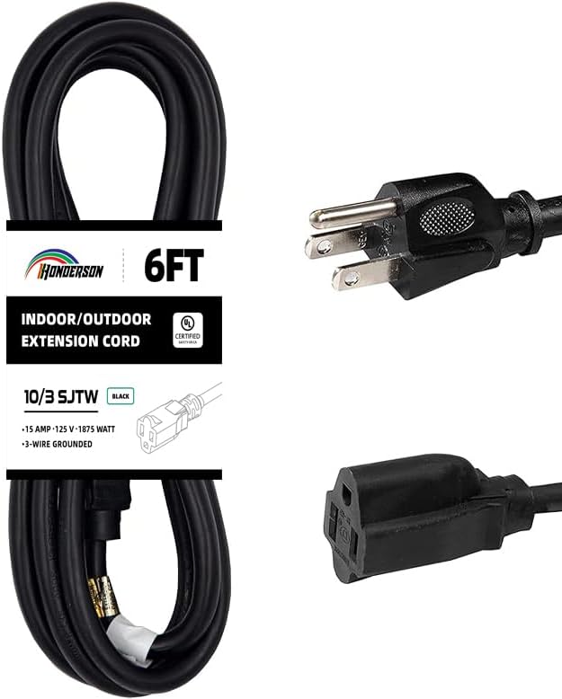 Indoor Outdoor Extension Cord Weatherproof, UL Listed, 10 Gauge 6FT Black 3 Prong Heavy Duty, 10/3 SJTW 15A Power Cord for Outdoor Lights, Appliances, Lawn