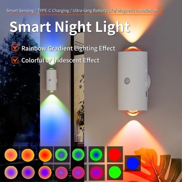 Rechargeable LED Wall Lamp Magnetic Motion Sensor Dimmable Stick on Night Light for Bedroom Closet Under Cabinet Lighting (2, Black)