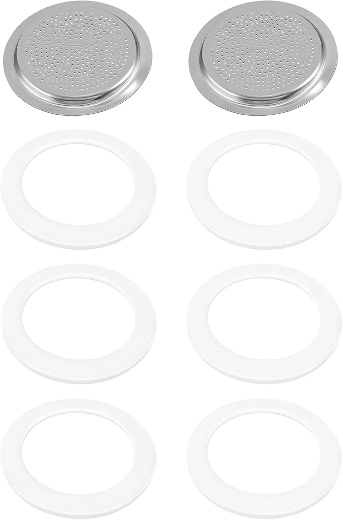6 Pieces Moka Pot Replacement Cup Gasket with 2 Pcs Stainless Filter Silicone Moka Express Replacement Seals Funnel Kits Compatible Espresso Coffee Maker Parts(6-cup)