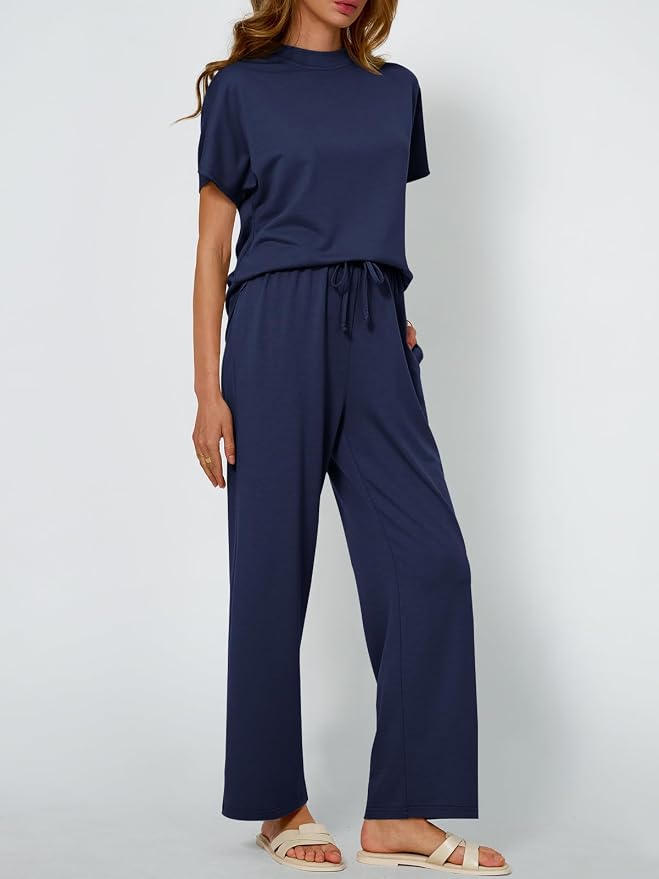 AUTOMET Women's 2 Piece Matching Lounge Sets 2026 Summer Mock Neck Sweatsuits Short Sleeve Loungewear Travel Outfits