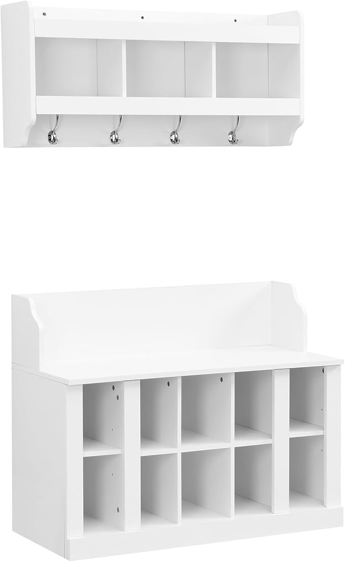 Hall Tree Entryway Coat Rack Shoe Storage Bench with Shelves and 4 Hooks, Modern Elegant Hall Tree with Wall Mounted Coat Rack, Entryway Organizer for Entryways, Mudroom (White)