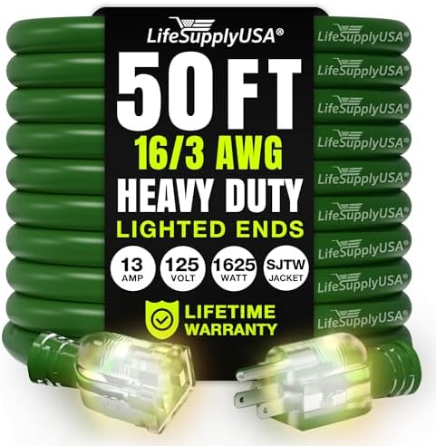 50ft Outdoor/Indoor Extension Cord 16/3 Gauge Heavy Duty 3 Prong SJTW, Waterproof, Flexible Cold-Resistant Long Power Cord,13A 125V 1625W, Green by LifeSupplyUSA