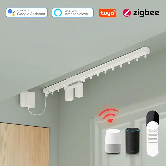 ZigBee 3.0 Dual Motor Smart Curtain Track System, Ripple Fold Electric Drapery Rods, Independent Left Right Control Day Night Curtains, 1.2N.m Mini Automatic Opener (5 meters (196.8 inches))