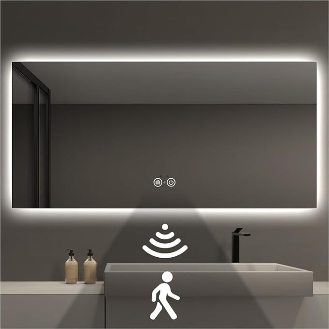 Backlit LED Bathroom Mirror, Infrared Motion Sensor Vanity Mirror with 3-Color Lights, Stepless Dimmable Wall Lighted Mirror with Anti-Fog, Memory, Rectangular (36" H x 72" W)