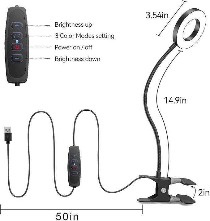 2 Pack LED Clip on Desk Lamp, Metal 360 Adjustable Neck | Eye-Caring Clamp Lamp, Memory Function, 3 Color Modes & 10 Brightness Levels, For Home, Office, Dorm, Bedroom