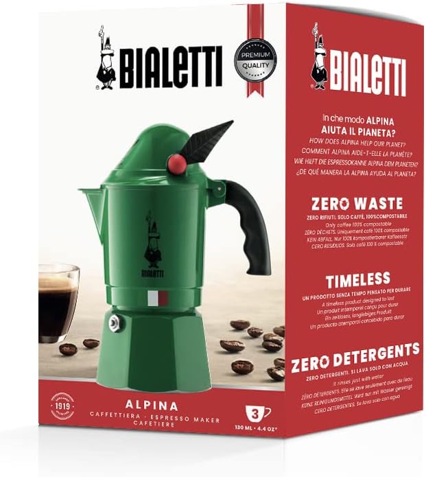 Bialetti Moka Express Alpina Stovetop Espresso Maker – Iconic Italian Moka Pot for Espresso Coffee, 3 Espresso Cups (4.3 oz / 130 mL), Aluminum, Green