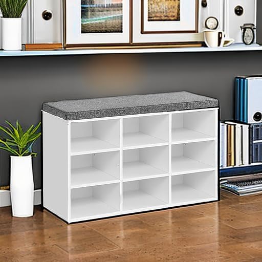 VASAGLE CUSTOS Collection - Shoe Bench, Storage Bench with Padded Seat, Entryway Bench with 9 Compartments, for Bedroom, 11.9 x 30.9 x 18.9 Inches, Cloud White and Dove Gray ULHS009W14