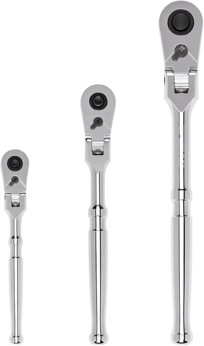 TEKTON 1/4, 3/8, 1/2 Inch Drive Flex Head Quick-Release Ratchet Set, 3-Piece (6, 8, 10-1/2 in.) | SRH92103