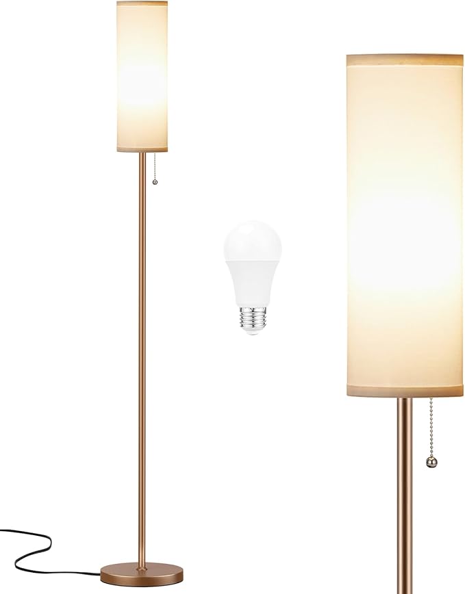 Ambimall Floor Lamp with 3 Color Temperatures Bulb, 64" Standing lamp with Linen lampshade for Bedroom, Minimalist Pole Lamp, White Shade & Brown Pole