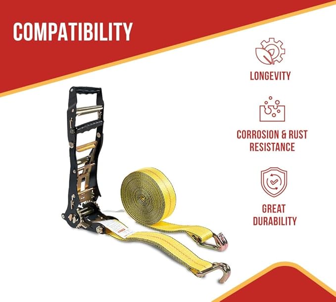 Mytee Products 2" x27' Yellow Ratchet Strap with J Hooks - 10,000 Lbs Breaking Strength - Heavy Duty Tie Down Large Bar Handle and Cargo Straps with Wire Hooks for Flatbed, Truck, Trailers Pickup