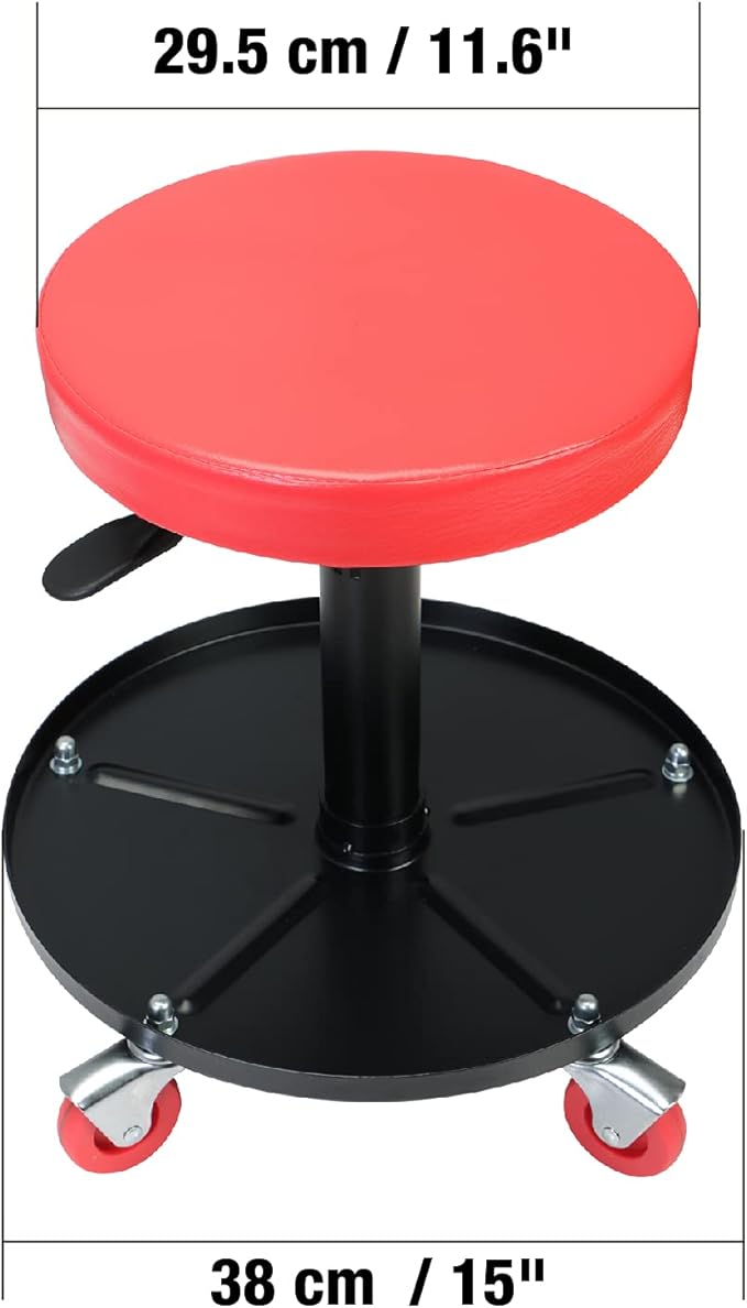 Big RED ATRHL6201R Torin Heavy Duty Rolling Pneumatic Creeper Garage/Shop Seat: Padded Adjustable Mechanic Stool with Tool Tray Storage, Red Large,15.36" D x 15.36" W x 4.73" H