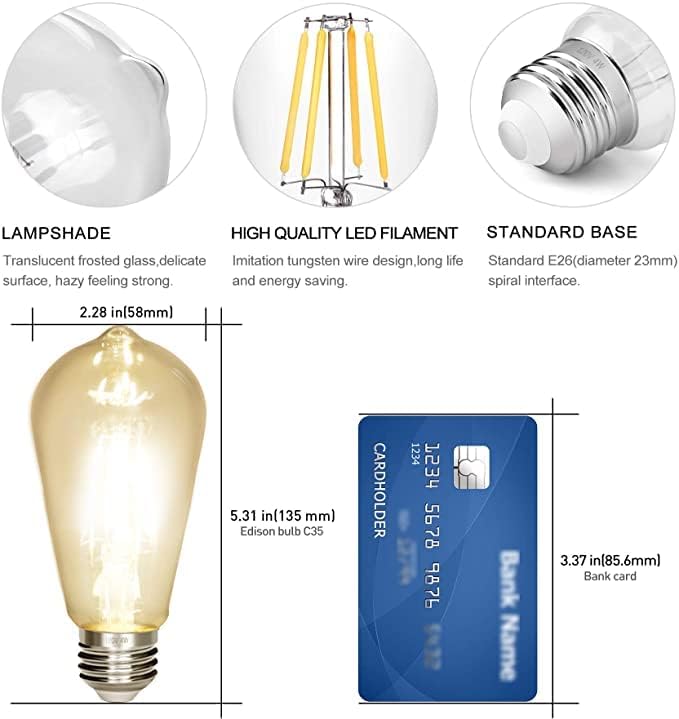 Vintage Edison Bulb 4W,Equivalent 40W Incandescent,ST18 Antique LED Filament Bulbs,Non Dimmable Daylight White 4000K,E26 Led Bulb,Pack of 6