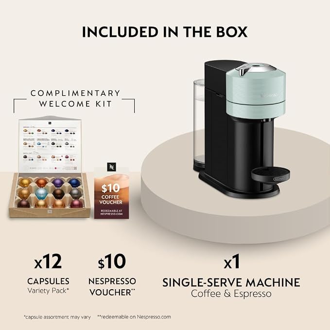 Nespresso Vertuo Next Coffee & Espresso Maker by De'Longhi, Teal | Jade teal coffee machine with slim, sustainable design. Brews 6 cup sizes, espresso to 18 oz., all topped with crema.