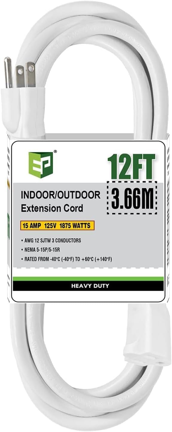 EP 12/3 12 FT Indoor Outdoor White Extension Cord Waterproof, 12 Gauge 3 Prong Power Cord Flexible Resistant Appliance Extension Cable Electric Cable Outside, 15A 1875W 12AWG SJTW, ETL Listed