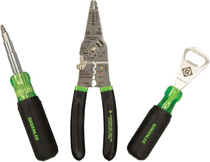Greenlee, ‎0159-LBFB, 3-Piece Electrician Tool Kit with Stainless Steel Wire Stripper/Cutter/Crimper, 11-in-1 Multi-Bit Screwdriver and Bonus Stainless Steel Bottle Opener