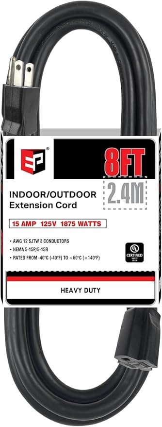 EP 12/3 8 FT Indoor Outdoor Black Extension Cord Waterproof, 12 Gauge 3 Prong Power Cord Flexible Resistant Appliance Extension Cable Electric Cable Outside, 15A 1875W 12AWG SJTW, ETL Listed