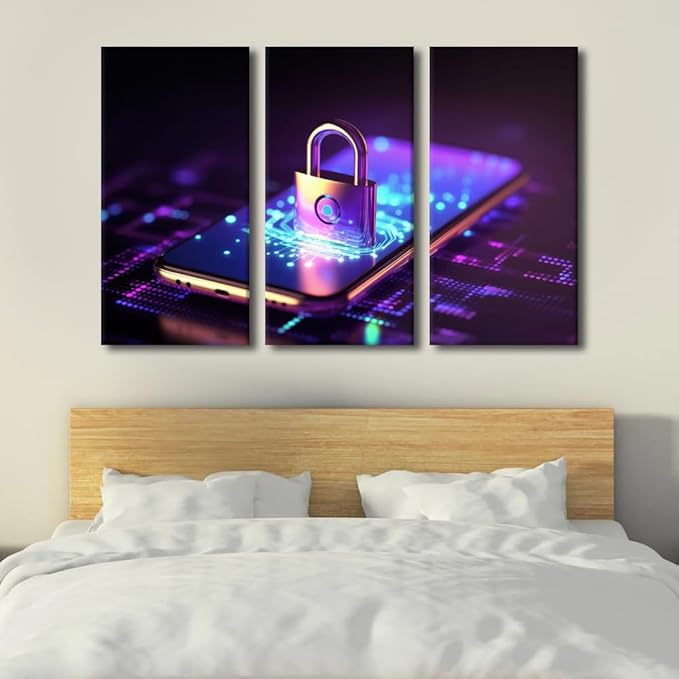 3 Panels Padlock Hologram Wall Art ProtectingBusiness and Financial Data with Innovation Technology Posters Print on Canvas for Living Room Bedroom Wall Decoration, Ready to Hang, 60" Wx40 H