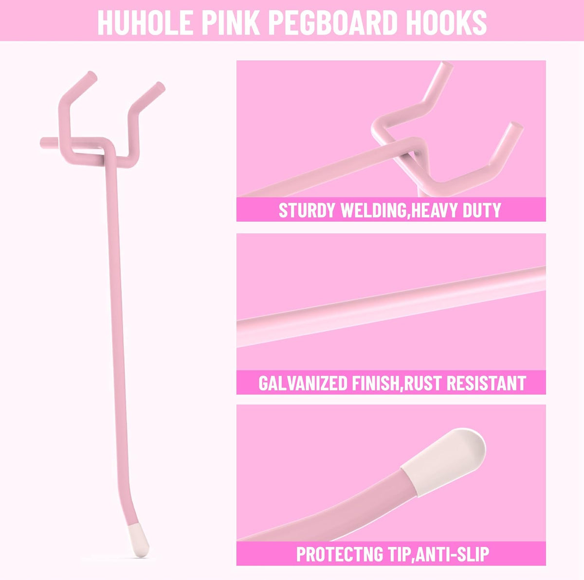 50 Pack 4 Inch Pink Pegboard Hooks with Rubber Tips
