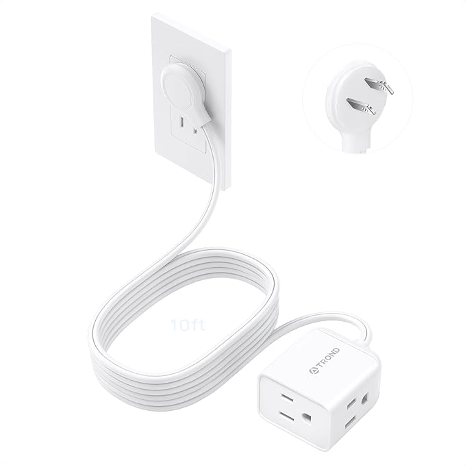 TROND Indoor 2 Prong to 3 Prong Extension Cord - Polarized Flat Plug 3 Outlet Extension 10ft, 16 Gauge Cable, 1625W for Non-Ground Socket in Old House School Home Office Kitchen Dorm Room, White