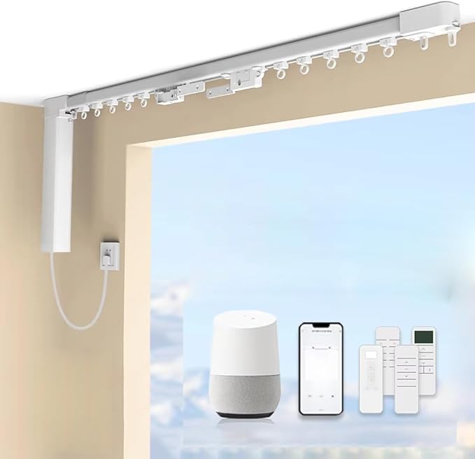 ZigBee Smart Curtain Motor with Retractable Track, Automatic Curtain Opener System 2.5N.m Motorized Drapery Rods Compatible with Alexa/Google Home (2.8-5.2 meters (110.2-204.7 inches) Adjustable)
