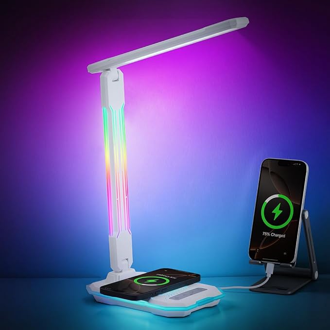 RGB Gaming Desk Lamp with Music Sync,Dimmable LED Lamp with Wireless Charging Station,USB Charging Port,Color Changing Touch Control Light for Gamer Room Decor,Reading,Office,Gift Ideas