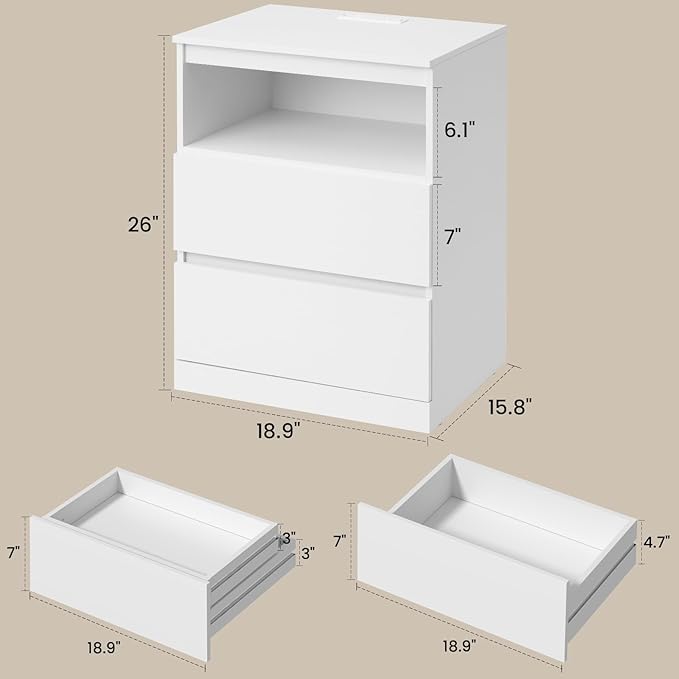 Nightstand Set of 2 with LED Lights, 26" H with Hidden Drawer, Bedside Table with Charging Station, 3 Drawers, Modern Night Stand for Bedroom, White