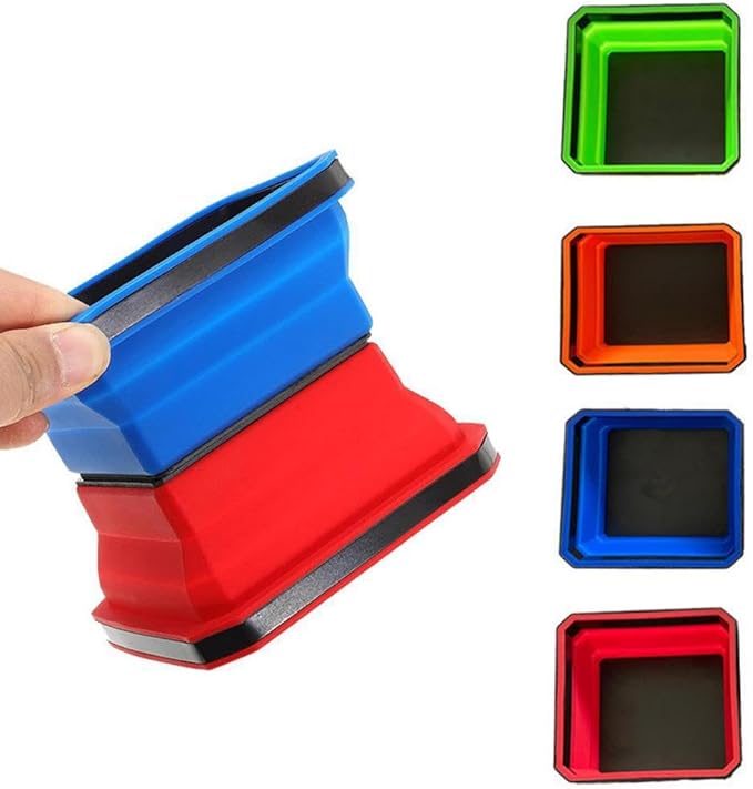8 Pcs Magnetic Tool Tray Collapsible Magnetic Parts Tray Set 4.5 inch Square Silicone Bowls with Magnetic Base for Bolts Nuts Washers Pins Screw Parts (Red, Orange, Blue, Green)