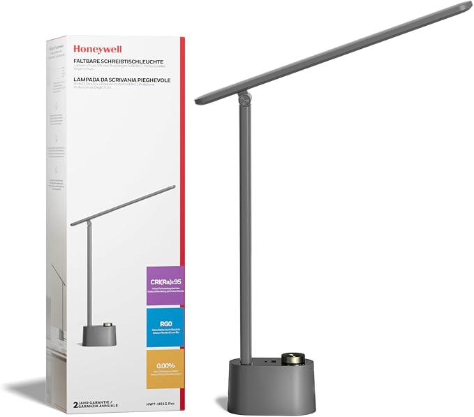 Honeywell H01 Pro Compact LED Desk Lamp with A+C Charging Port | CRI≥95, 3000K-5500K,Low Blue Light, Flicker-Free, Modern Desk Light for Bedroom, Grey