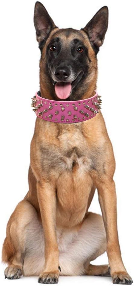Serijoars Spiked Studded Dog Collar, PU Leather Dog Collar, Adjustable Pet Collars for Medium or Large Breed Pet (L, Gold Brown)